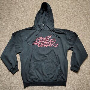 STREET FIGHTER Hoodie Men L Black Ryu Hadoken Graphic Fleece Pullover